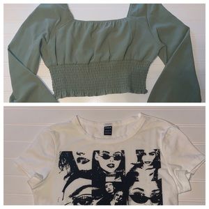 NEW SHEIN crop top bundle 2 shirts Green long sleeve & Graphic white short slv